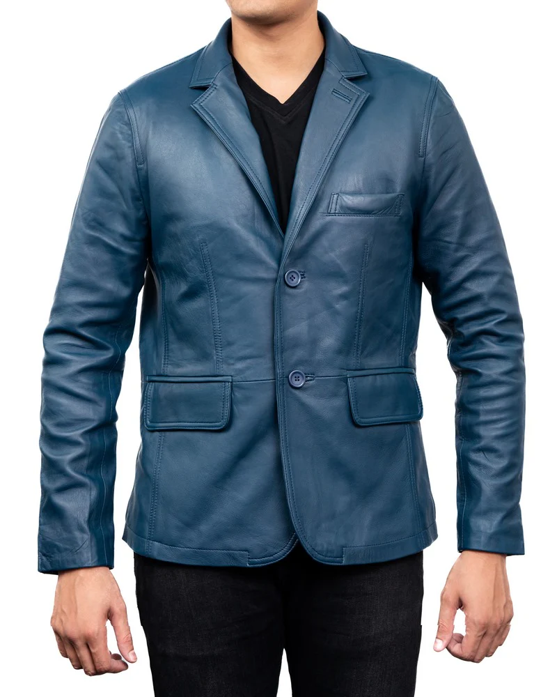 5-Button Men Lambskin Leather Blazer-Blue